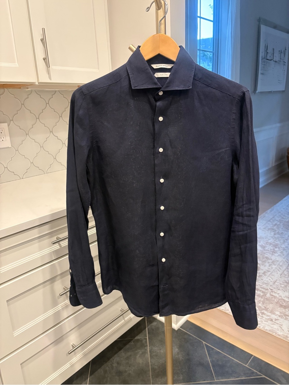 Suitsupply navy pure linen button-down shirt.
